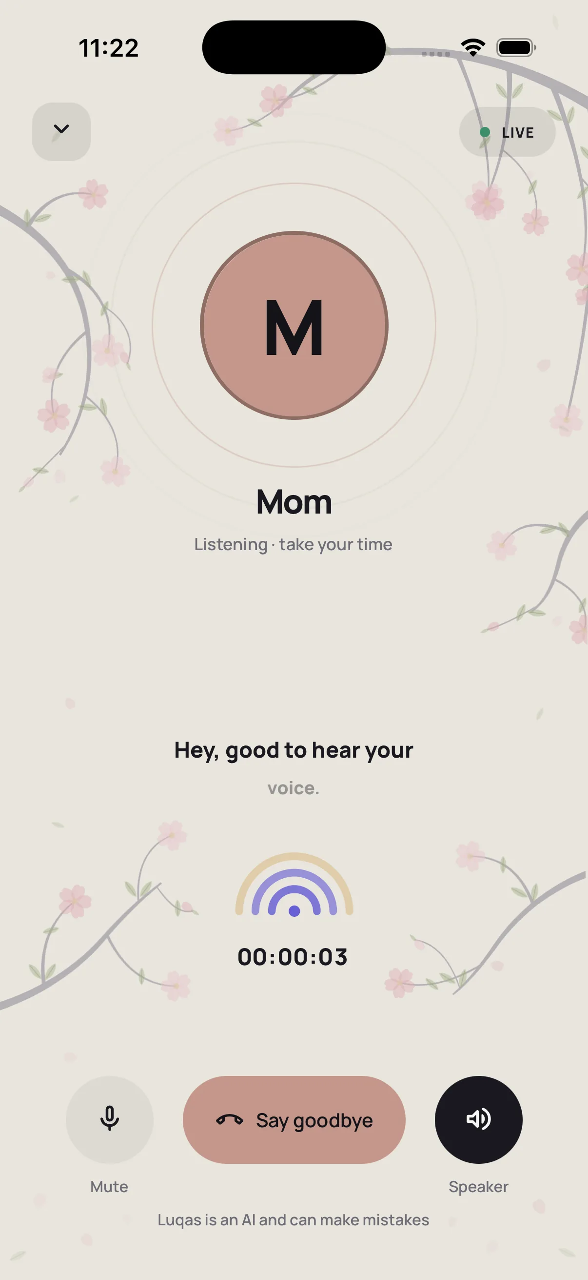 A live Luqas call with Mom, showing the listening state, waveform, and call controls